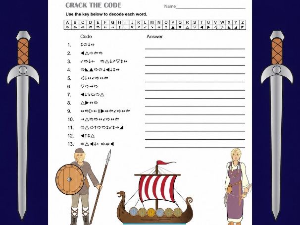 Vikings North America Crack the Code & Matching Activity Grade 8 ESL Sub Plan