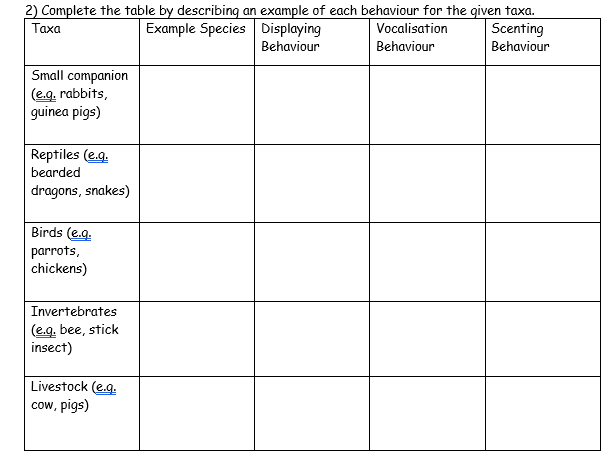Animal Communication Worksheet - Animal Care BTEC