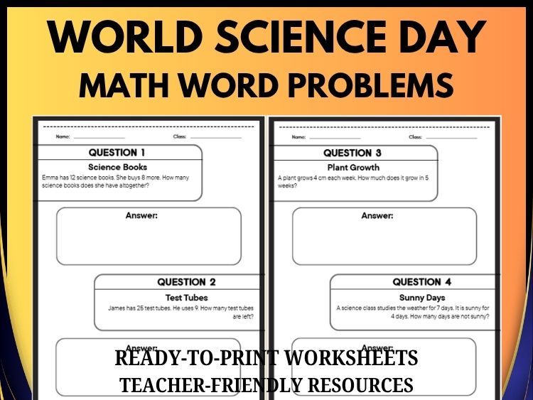 World Science Day Math Word Problems | 40 Printable Math Worksheets Grades 2–8