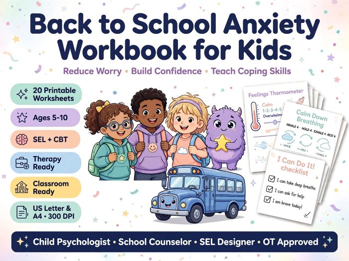 Back to School Anxiety Workbook | 20 Printable Worksheets for Worry, Confidence & Coping Skills