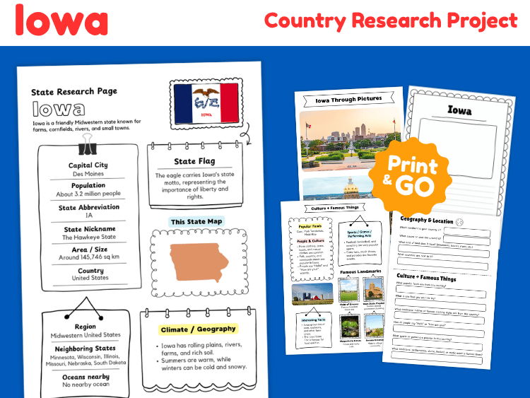 Iowa State Research Project | US Geography & State Study Worksheets