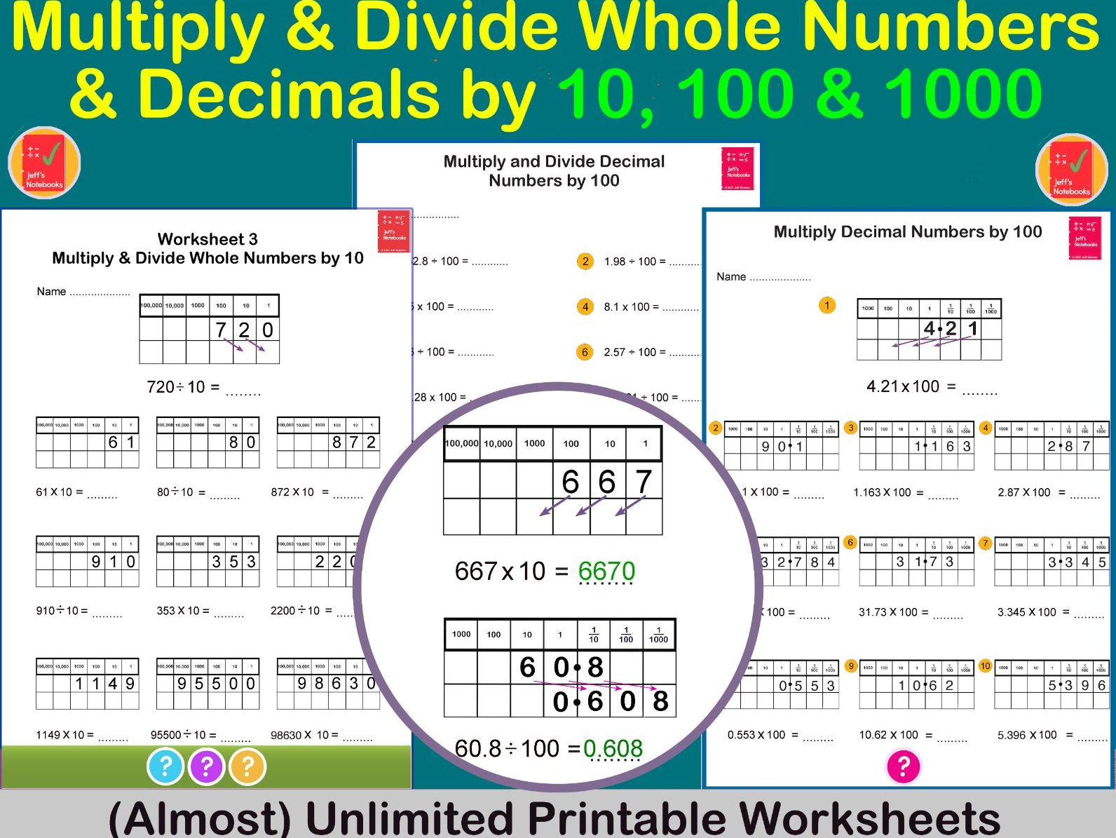 Multiply & Divide Whole Numbers  & Decimals by 10, 100 & 1000 BUNDLE
