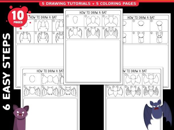 How to Draw a Bat, Halloween Directed Drawing, 6 Easy Steps + 5 Coloring Pages