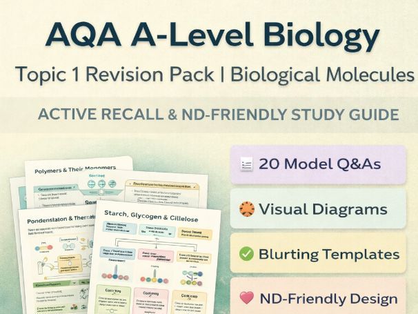 AQA A-Level Biology Topic 1 Revision Pack | Biological Molecules | Active Recall & Neurodivergent