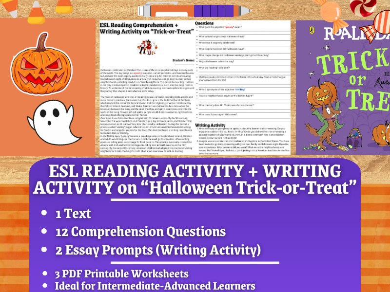 ESL Reading Comprehension + Essay Worksheets - Halloween Trick or Treat