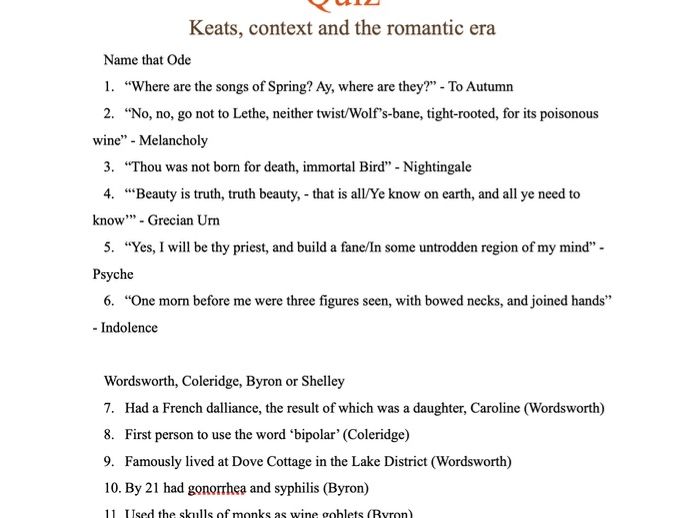 John Keats - Quiz on Keats, context and the Romantic era