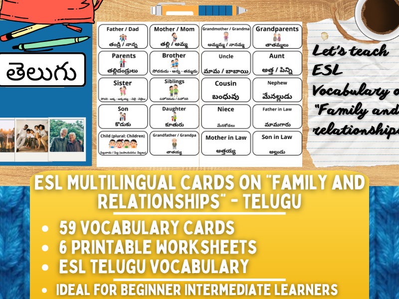 ESL Multilingual Vocabulary Flashcards - Family & Relationships - Telugu