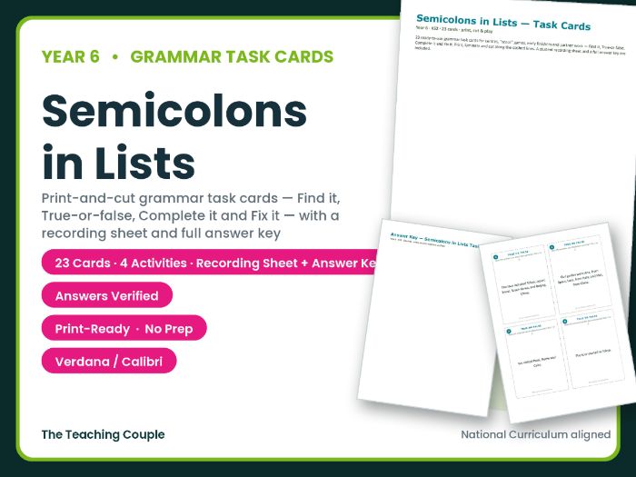 Year 6 Semicolons in Lists Task Cards – 23 Grammar Cards + Answer Key