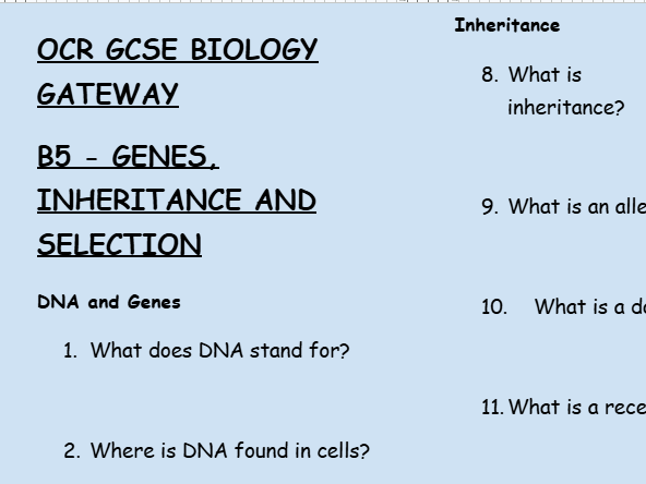 OCR GCSE Biology B5 Genes, Inheritance & Selection – 30 Retrieval Questions with Answers
