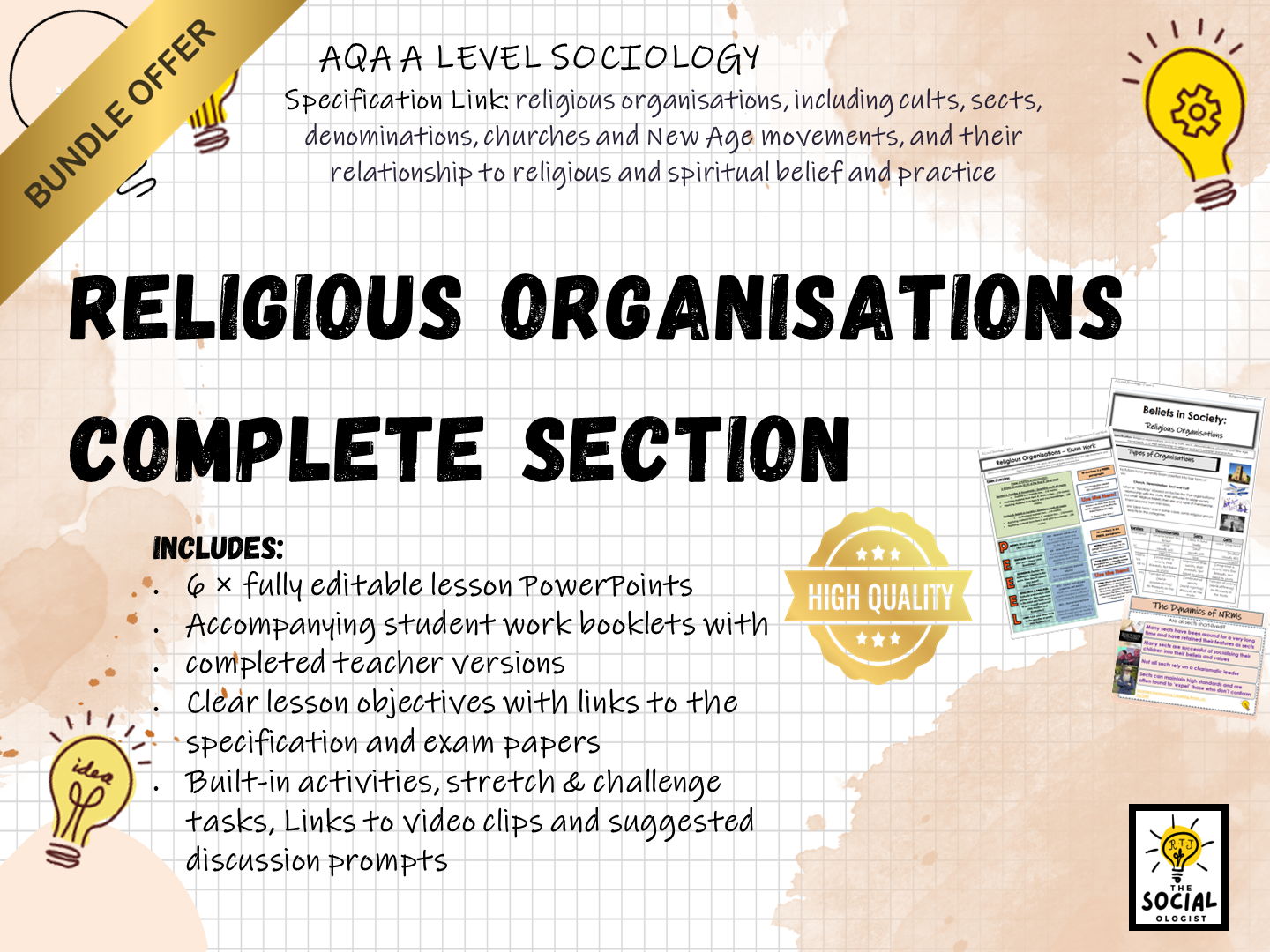 AQA A level Sociology - Beliefs in Society - Religious Organisations - Complete section - Bundle