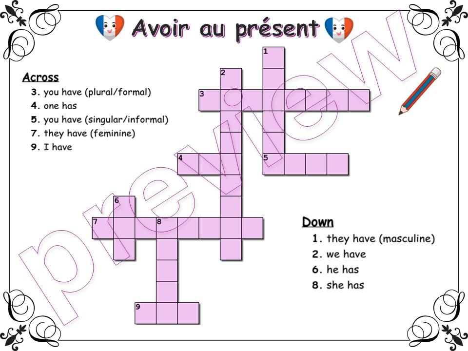 Avoir | To have | French | wordsearch | crossword | Present tense ...