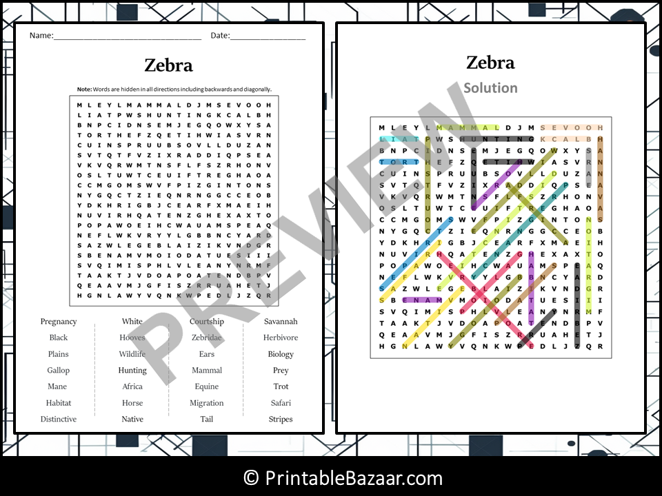 Zebra Word Search Puzzle Worksheet Activity | Teaching Resources
