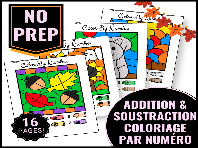 Colorie par numéro – Automne et Thanksgiving | Additions et soustractions pour enfants