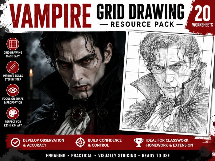 Vampire Grid Drawing Worksheets | 20 Halloween Art Activities | KS3 & KS4