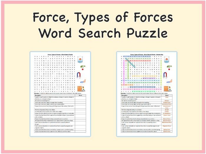 Force, Types of Forces - Word Search Puzzle Worksheet Activity (Printable)