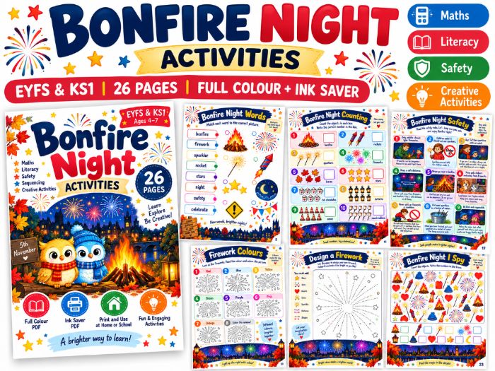 Bonfire Night Activities | EYFS & KS1 | 26-Page Maths, Literacy & Safety Pack