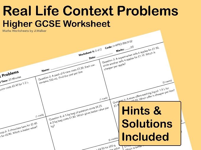 GCSE Maths Worksheet: Real Life Context Problems - Higher Tier