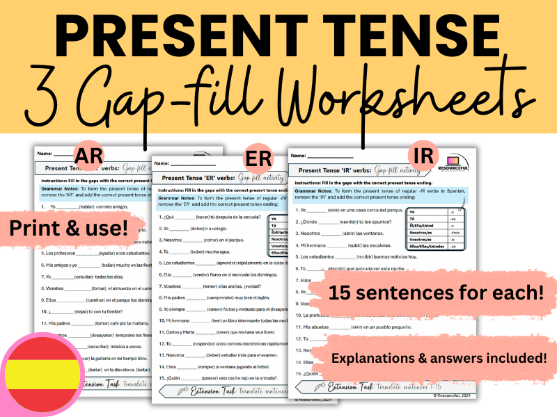 Spanish Regular Present Tense Verbs - Grammar Gap-fill Worksheets (x3!)