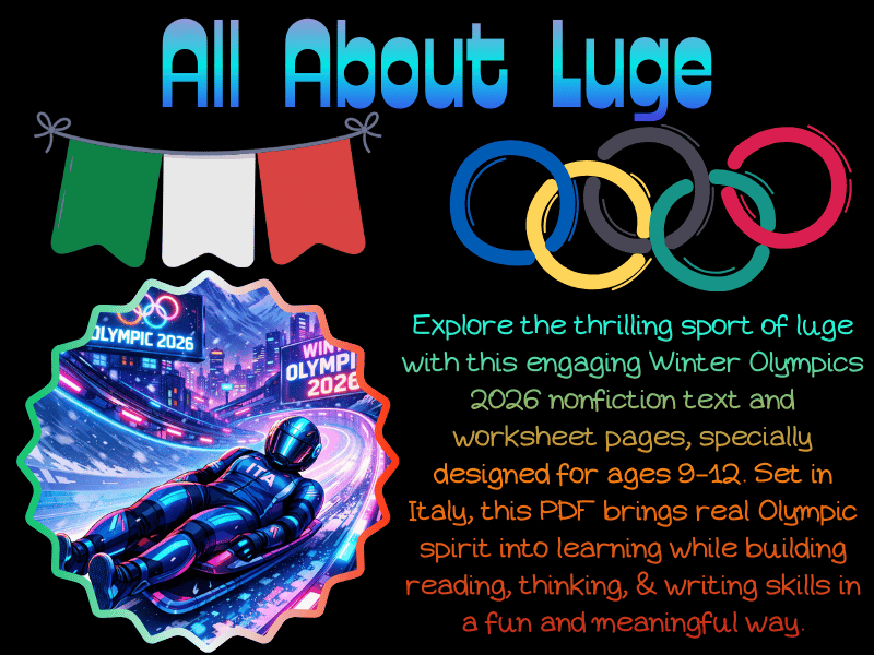 Luge Nonfiction Text & Worksheet Pages for Kids | Winter Olympics 2026 in Italy