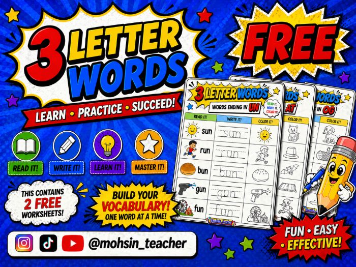 FREE - 3 Letter Words Worksheets Pack – CVC Phonics, Read Write Colour Activities