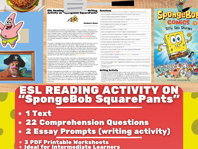 ESL Reading Comprehension + Writing Activity Worksheets - SpongeBob SquarePants