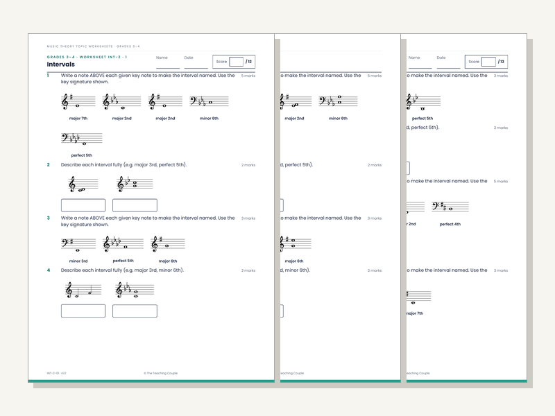 Grades 3–4 Music Theory Worksheets: Intervals (20 Sheets + Answers)