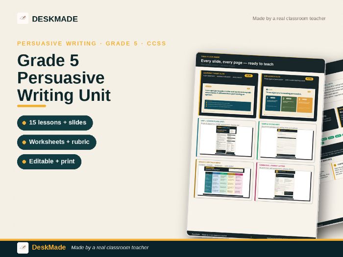 Grade 5 Persuasive Writing Unit | 15 Lessons + Slides + Worksheets + Rubric