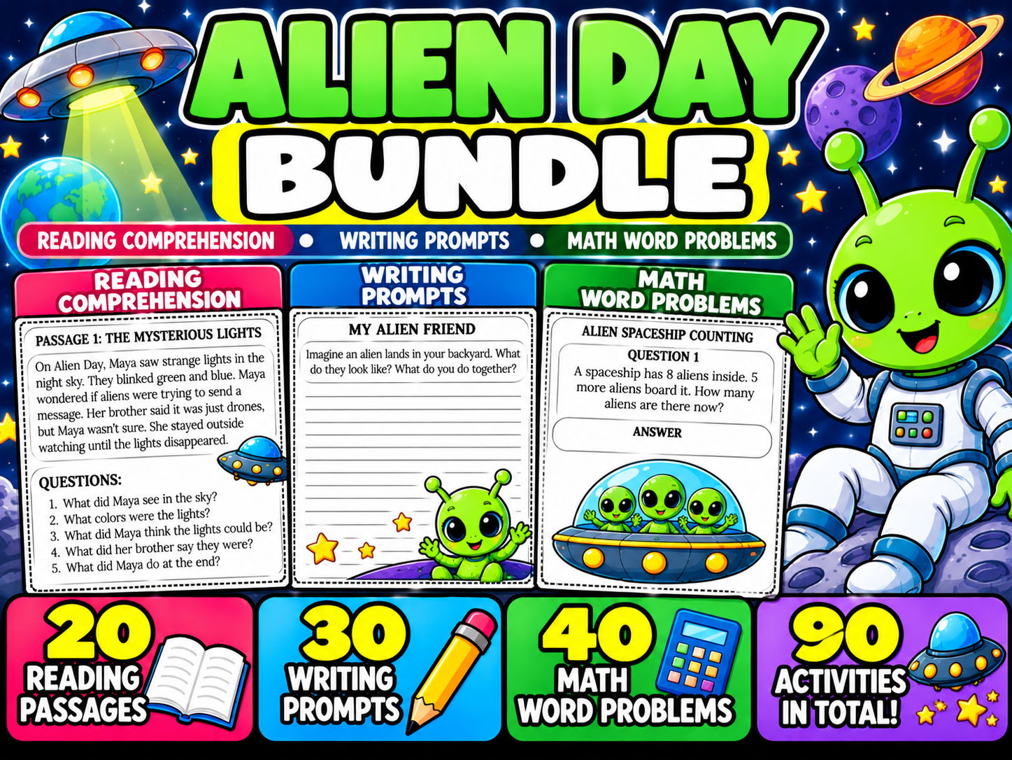 Alien Day Bundle | Reading Comprehension, Writing Prompts and Math
