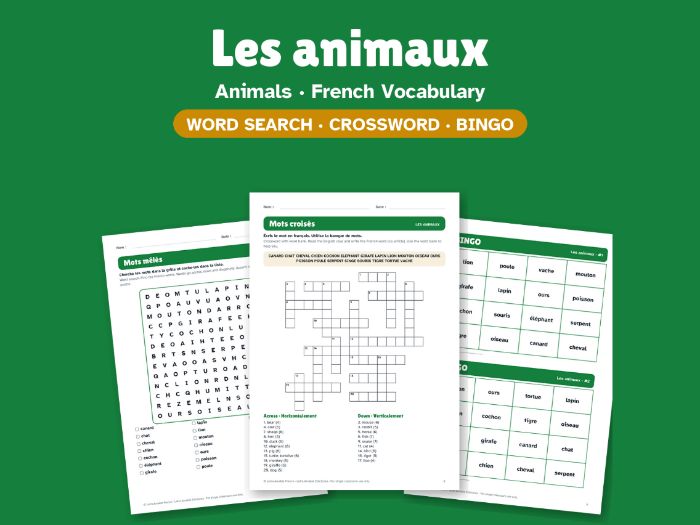 Animals in French: Word Search, Crossword & Bingo