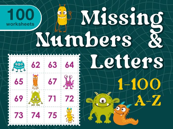 Missing Numbers (1–100) & Letters Worksheets (A-Z)