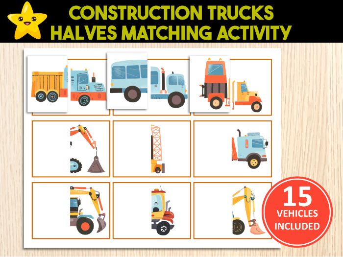 Construction Vehicles Halves Matching Game | Puzzle Activity for Toddlers