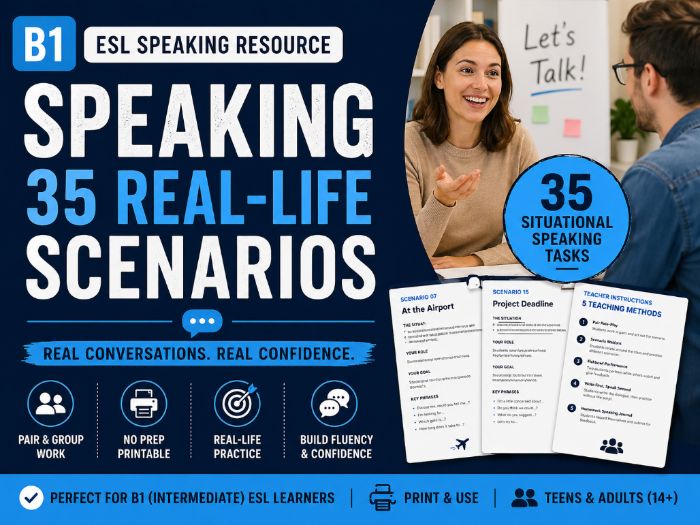 B1 ESL Speaking | 35 Real-Life Scenarios | No Prep Role Play Worksheets