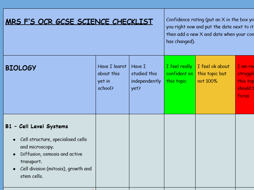 Free OCR Gateway Combined Science GCSE Specification Knowledge & Confidence Check. PDF DOWNLOAD