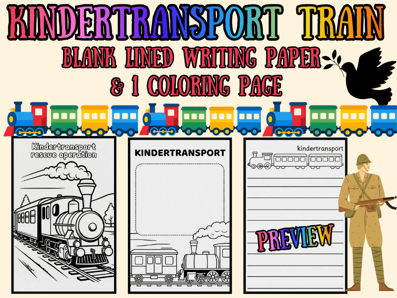 Kindertransport Train Coloring Page + Blank Lined Writing Paper | WWII NO PREP