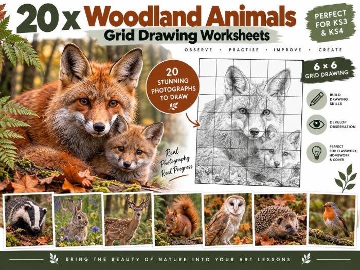 Woodland Animals Grid Drawing Worksheets | 20 × 6x6 Drawing Activities | KS3 & KS4 Art
