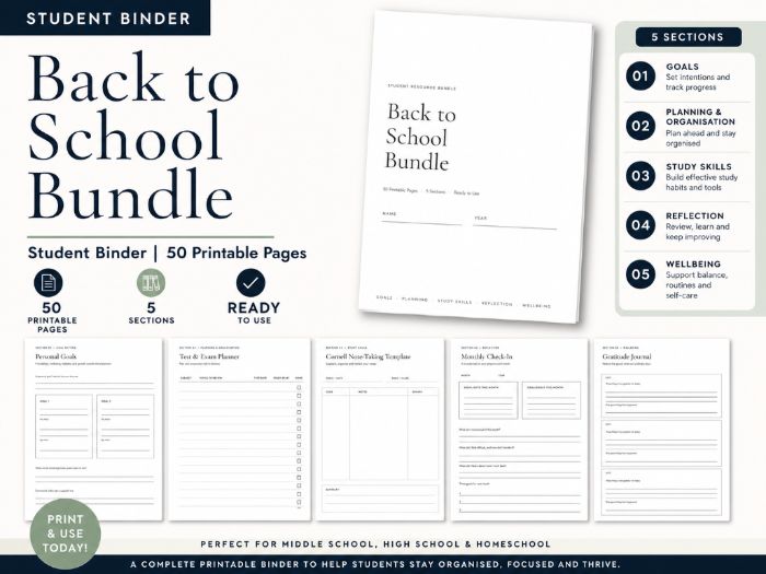 Student Back to School Binder | Planner, Study Skills & Wellbeing Pages