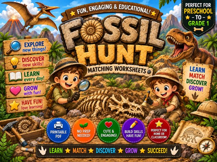 Fossil Hunt Matching Worksheets | Dinosaur, Numbers, Letters & Shapes | Preschool–Grade 1