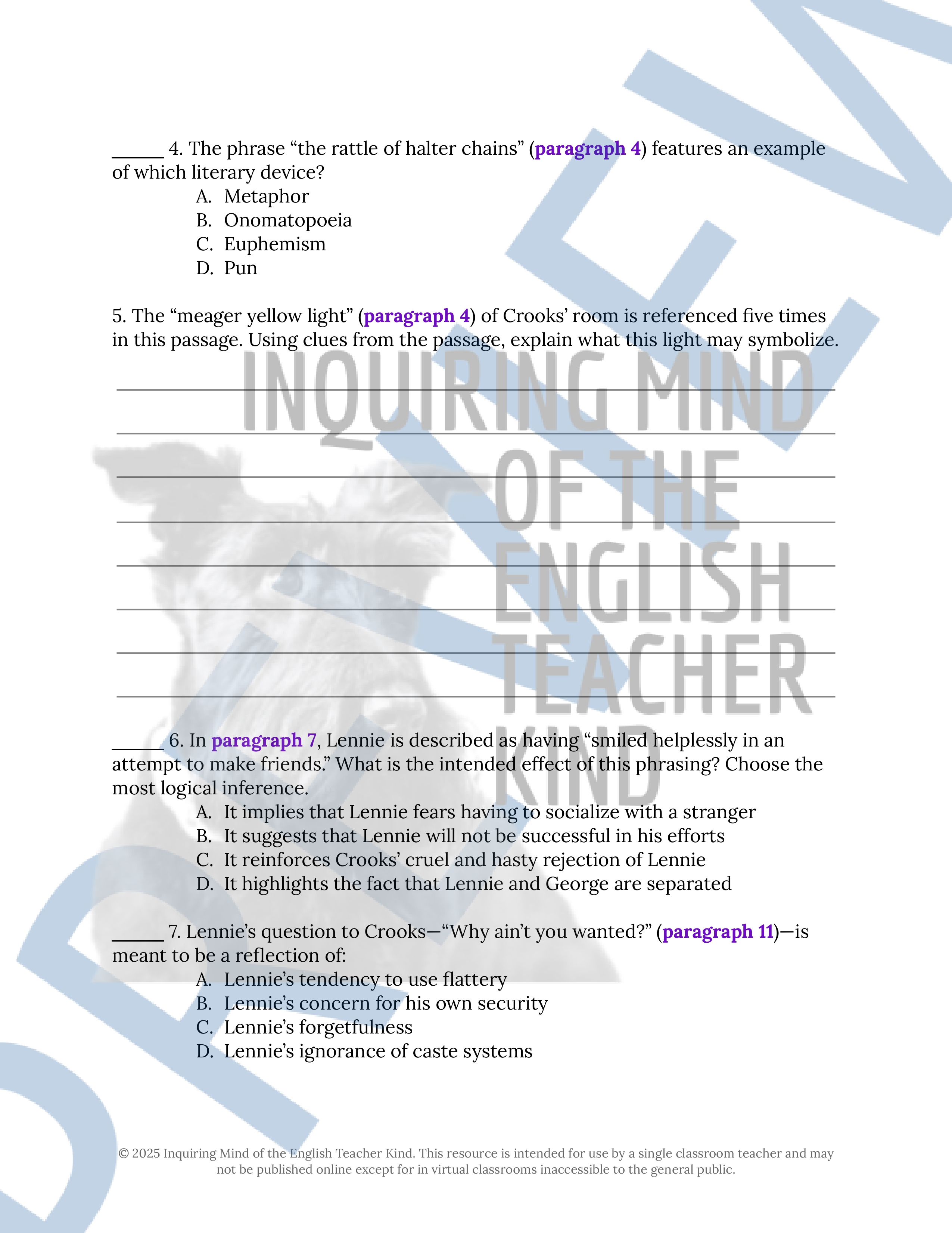 Of Mice and Men Chapter 4 Novel Analysis Worksheet | Close Reading ...