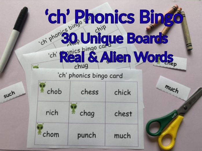 Phonics 'ch' Bingo Game (30 boards & Caller Cards) Real & Alien Words EYFS KS1 SEN