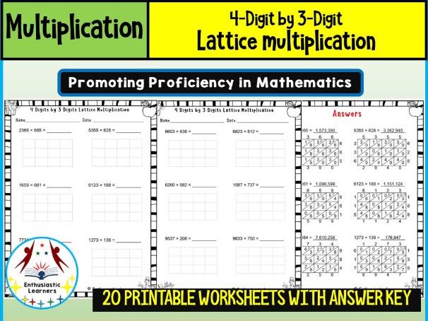 4-Digit by 3-Digit Lattice Multiplication Method Worksheets Math Problems