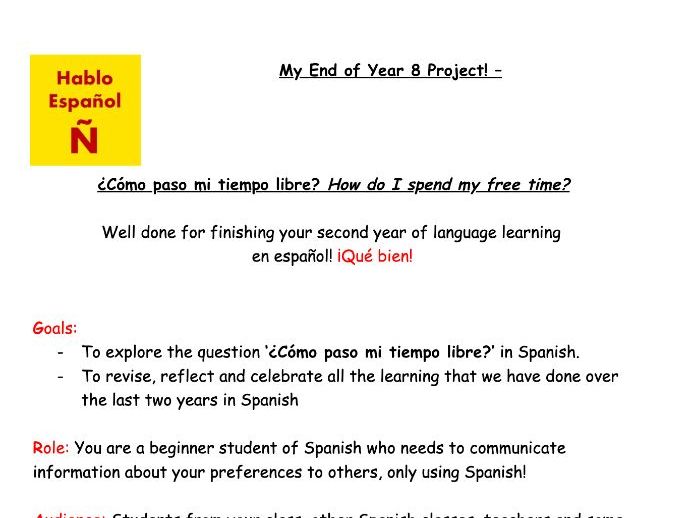 Year 8 Spanish End of Year Speaking & Writing Project (Editable)