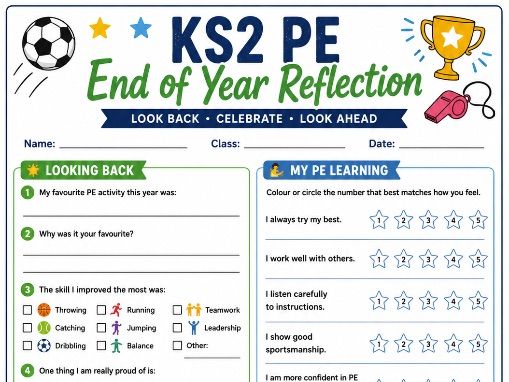 KS2 PE End of Year Reflection Worksheet | Printable PE Review Activity | Primary PE Resource | Years