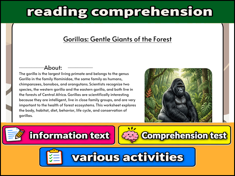 Gorillas: Gentle Giants of the Forest  & Comprehension Test