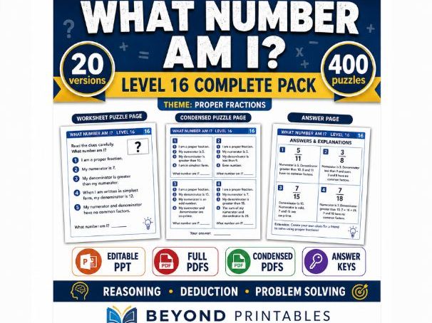 What Number Am I? Level 16: Proper Fractions | 20-Version Bundle
