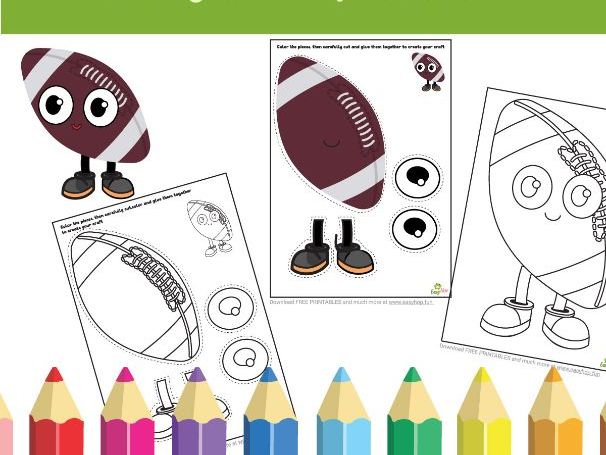 American Football Ball Mascot Art & Craft Printable Pack Cut, Color, and Glue Activity for Kids |