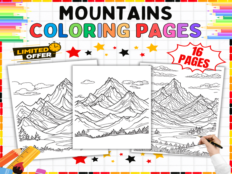 Mountains Colouring Pages | 16 Scenic Landscape Art Sheets for Early Years & KS1 Children