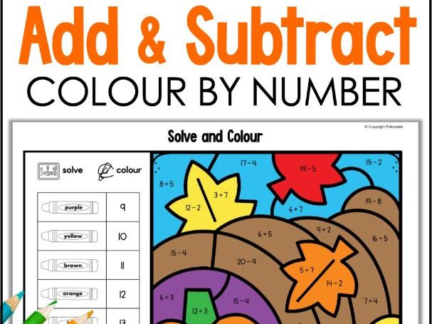 Colour by Number Addition and Subtraction within 20 AUTUMN Maths Colouring Sheets