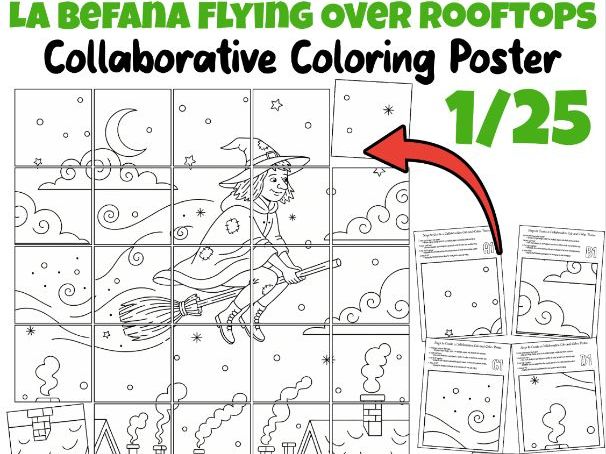 La Befana Flying Over Rooftops Collaborative Poster | Winter Coloring Art