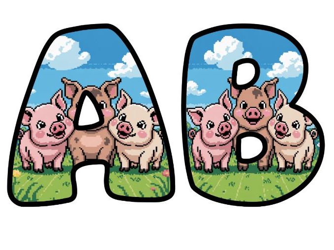 Three Little Pigs Retro 8-Bit Pixel Alphabet Letters | Classroom Display, A-Z 0-9