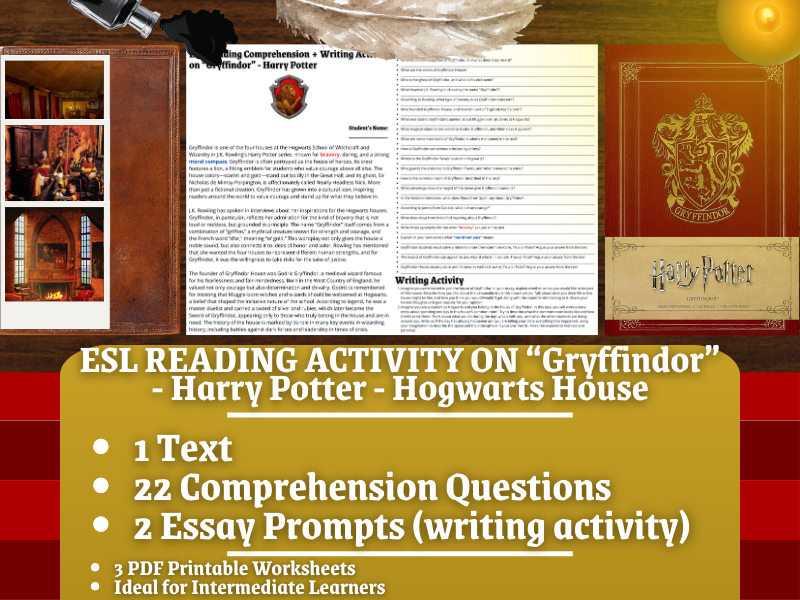 ESL Reading Comprehension + Writing Activity - Gryffindor - Harry Potter - Hogwarts House
